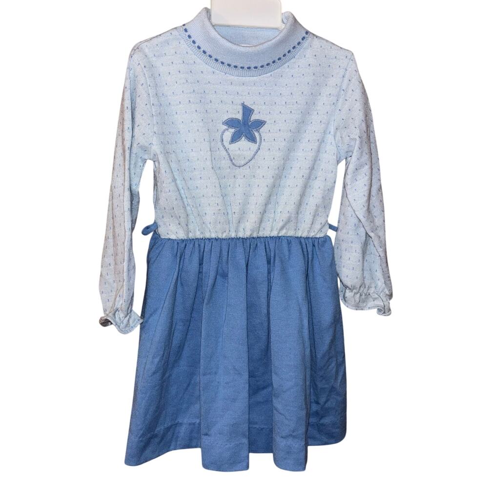 Vintage girls’ Health-Tex blue turtleneck strawberry long sleeve dress (size 4)